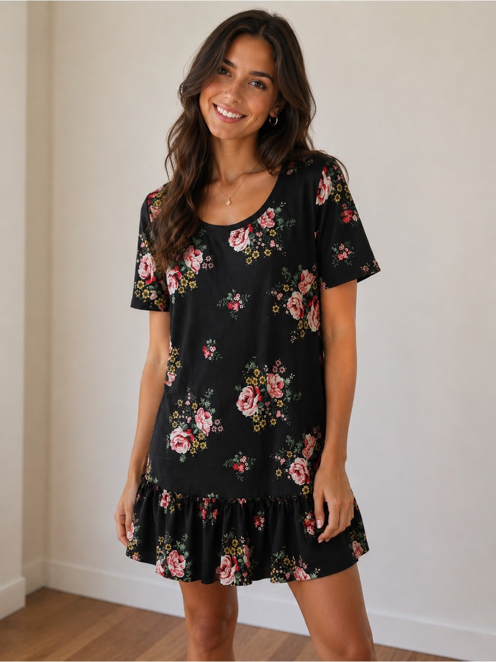 J Mode by Truly Me Black Floral Ruffle Hem Dress Size Small